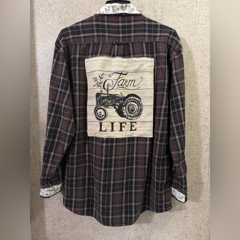 Plaid Button Down Shirt with Tractor Graphic